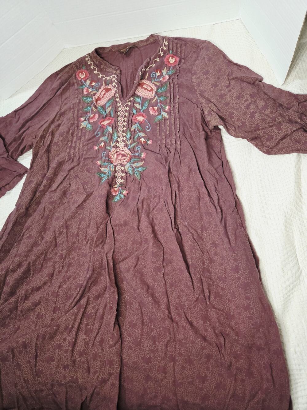 April Cornell XL Floral Embroidered Rust Red Dress Pockets Rayon Bohemian Y2K